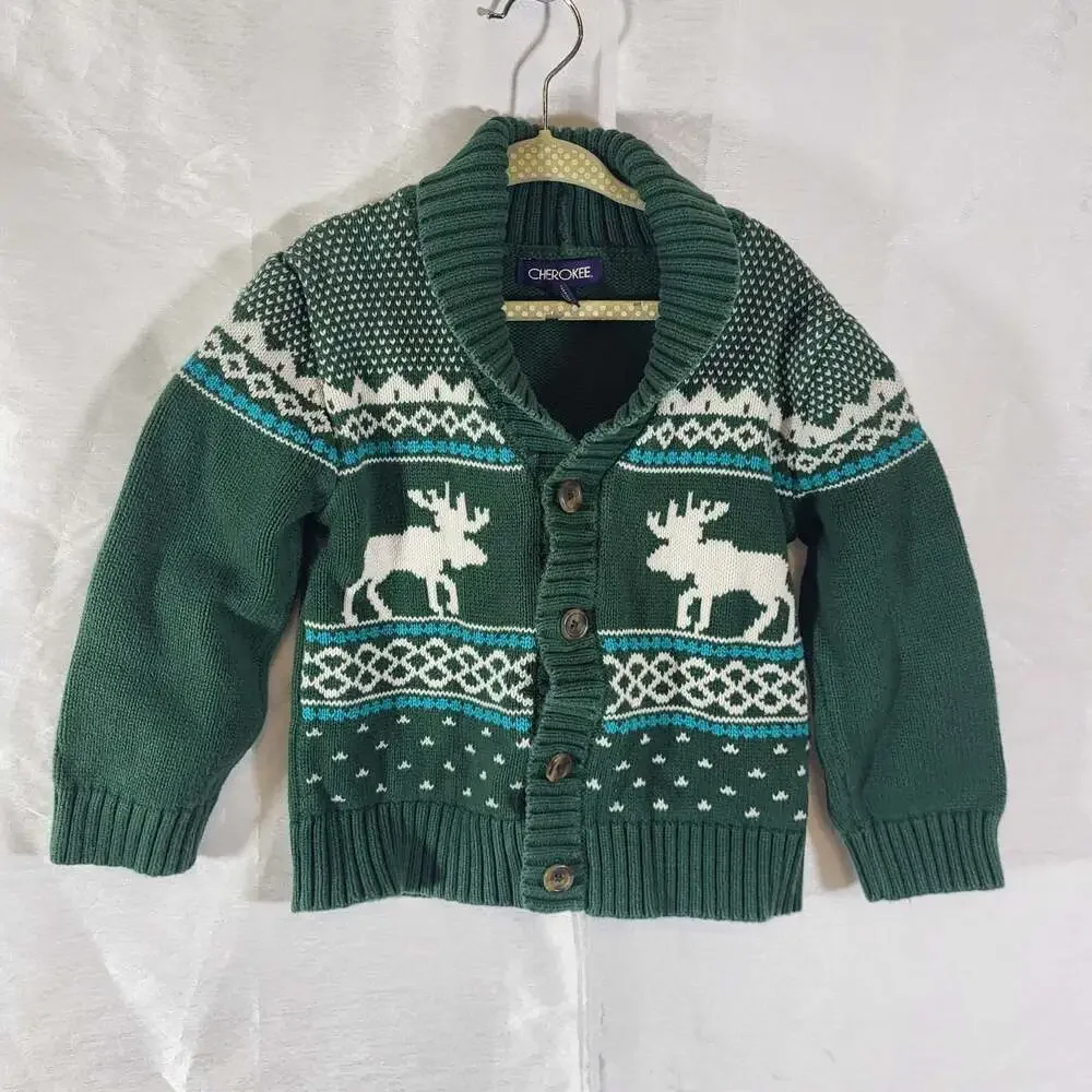 Cherokee Toddler Boys Green Moose Print Shawl Collar Cardigan Sweater